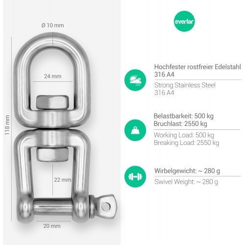  Besuchen Sie den everlar-Store everlar Edelstahl Drehwirbel I 10mm 500kg I Bequemes, sicheres & ruhiges Drehen von Hangesessel, Boxsack, Schwenkgrill u.v.a. I Hochfest & Wetterbestandig I Auge+Gabel