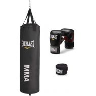 Everlast Leather Heavy 70 Pound Punching Bag with Chain and Swivel Assembly, 5 Ounce MMA Kickboxing Gloves and 180-Inch Boxing Hand Wrap, Black