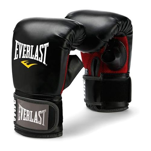  Everlast Leather Heavy 70 Pound Punching Bag with Chain and Swivel Assembly, 5 Ounce MMA Kickboxing Gloves and 180-Inch Boxing Hand Wrap, Black