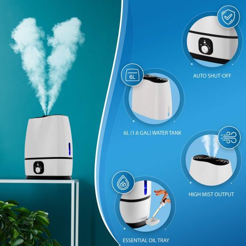  Everlasting Comfort Ultrasonic Cool Mist Humidifier (6L) - Essential Oil Tray, High Output, Ultra Quiet, Auto Shut Off, Night Light, Large Capacity Vaporizer