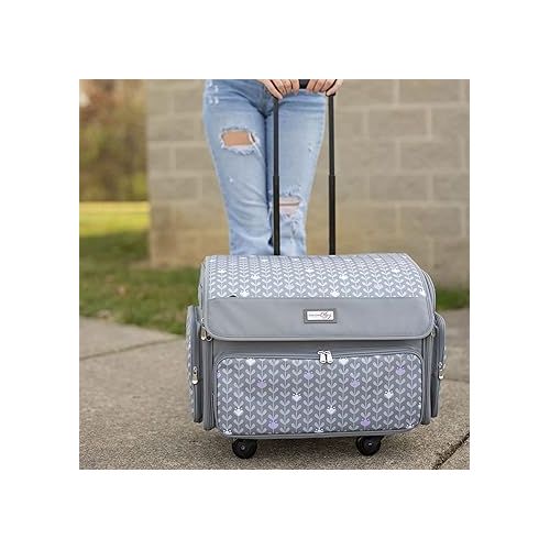  Everything Mary 4 Wheel Collapsible Deluxe Sewing Machine Storage Case, Purple Floral - Rolling Trolley Carrying Bag Compatible with Brother, Singer, and Most Machines