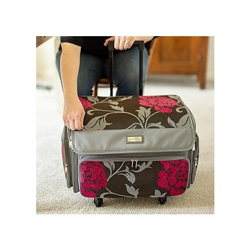  Everything Mary Everything Mary 4 Wheel Sewing Machine Storage Tote, Red & Grey - Rolling Trolley Carrying Bag for Brother, Singer, & Most Machines - Travel Tote Organizer for Accessories