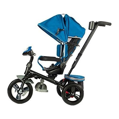  Evezo 302A 4-in-1 Parent Push Tricycle for Kids, Stroller Trike Convertible, Swivel Seat, Reclining Seat, 5-Point Safety Harness, Full Canopy, LED Headlight, Storage Bin (Ocean Blu