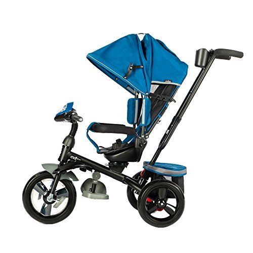  Evezo 302A 4-in-1 Parent Push Tricycle for Kids, Stroller Trike Convertible, Swivel Seat, Reclining Seat, 5-Point Safety Harness, Full Canopy, LED Headlight, Storage Bin (Ocean Blu