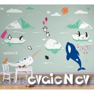 /EvgieNev Baby Wall Stickers - Orca Whale and Narwhal with Polar Friends Vinyl Decals - Arctic and Antarctic Animals - PLRFR010