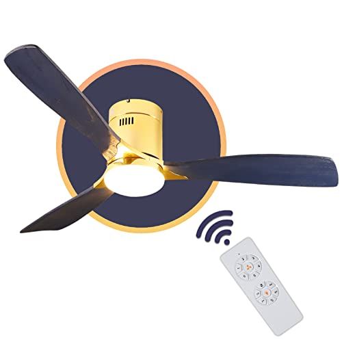  Low Profile Ceiling Fan With Light, Exbrite, 52 inch Flush Mount Ceiling Fan, 3 Carved Wood Fan Blade Noiseless Reversible Motor Remote Control Hugger Ceiling Fan With Light (Navy