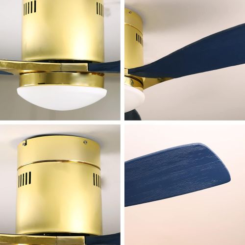  Low Profile Ceiling Fan With Light, Exbrite, 52 inch Flush Mount Ceiling Fan, 3 Carved Wood Fan Blade Noiseless Reversible Motor Remote Control Hugger Ceiling Fan With Light (Navy