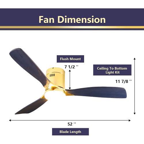  Low Profile Ceiling Fan With Light, Exbrite, 52 inch Flush Mount Ceiling Fan, 3 Carved Wood Fan Blade Noiseless Reversible Motor Remote Control Hugger Ceiling Fan With Light (Navy