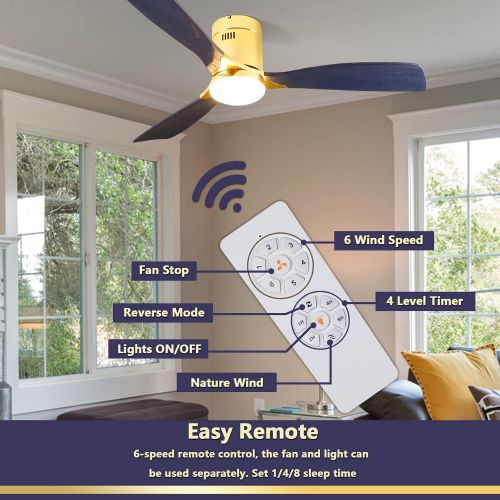  Low Profile Ceiling Fan With Light, Exbrite, 52 inch Flush Mount Ceiling Fan, 3 Carved Wood Fan Blade Noiseless Reversible Motor Remote Control Hugger Ceiling Fan With Light (Navy