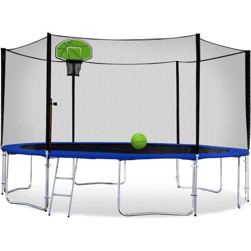  Exacme Trampoline with Safety Pad,Enclosure Net,Ladder and Green Basketball Hoop, High Weight Limit, T-Series