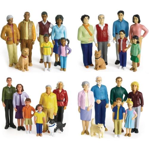  Excellerations Educational Multicultural Pretend Play Figurine Family Dolls Set of 4 Different ethnicities 28 Pieces Total for Block Play