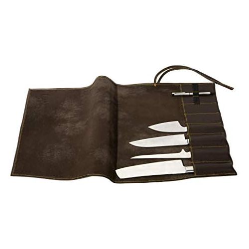  Exclusive Chefs Echt Leder Messertasche Rolltasche 7 Kochmesser Koch-Equipment und Zubehoer (braun - orange Naht)