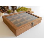 ExiArtsEcoCrafts Wooden herbs box with glass display- jewelry box- storage for crystals- Mahagony colored bamboo wood- 16 compartments box- storage box