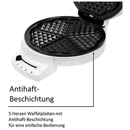  Exquisit 3101 we Waffeleisen/weiss / 1200 watt / 5 Herzen Waffelform/Anti-Haft-Beschichtet/Temperaturregler stufenlos