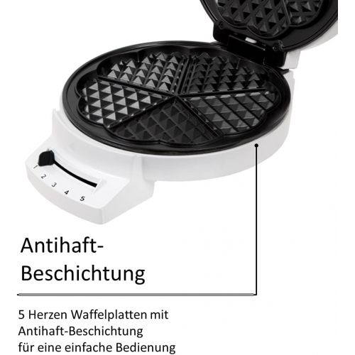  Exquisit 3101 we Waffeleisen/weiss / 1200 watt / 5 Herzen Waffelform/Anti-Haft-Beschichtet/Temperaturregler stufenlos