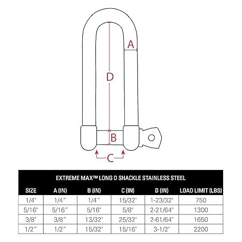  Extreme Max 3006.8209.2 BoatTector Stainless Steel Long D Shackle - 1/2