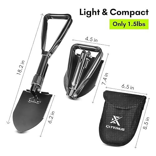  Extremus Folding Shovel- Heavy Duty Carbon Steel Military Shovel, Mini Portable Camping Shovel, Entrenching Tool for Off Road, Hiking, Digging Dirt, Sand, Mud & Snow