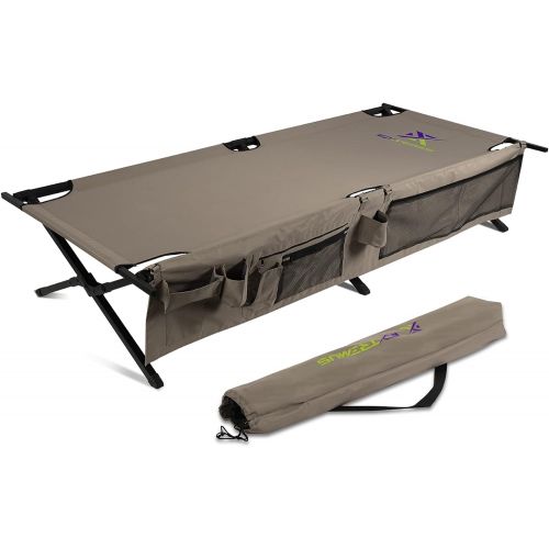  Extremus New Komfort Camp Cot, Folding Camping Cot, Guest Bed, 300 lbs Capacity, Steel Frame, Strong 300D Polyester Surface, Includes Side Storage Organizer, Carry Bag, 75” Long x