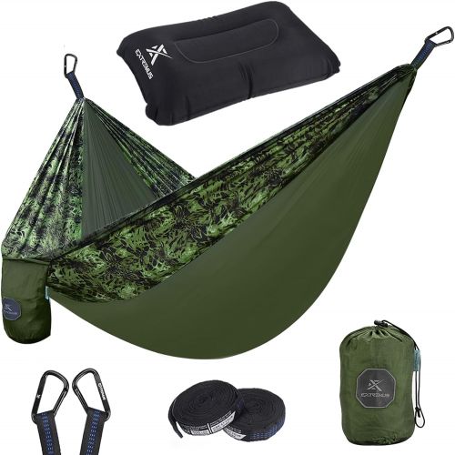  Extremus Hammocks Support 500 lb Single & Double Camping Hammock with 2 Carabiners 2 Tree Straps 1 Carry Pocket 1 Pillow, 70D High Tenacity Nylon Hammocks for Camping, Travel, Back