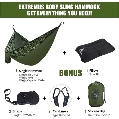  Extremus Hammocks Support 500 lb Single & Double Camping Hammock with 2 Carabiners 2 Tree Straps 1 Carry Pocket 1 Pillow, 70D High Tenacity Nylon Hammocks for Camping, Travel, Back