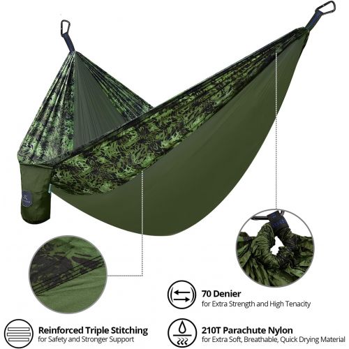  Extremus Hammocks Support 500 lb Single & Double Camping Hammock with 2 Carabiners 2 Tree Straps 1 Carry Pocket 1 Pillow, 70D High Tenacity Nylon Hammocks for Camping, Travel, Back