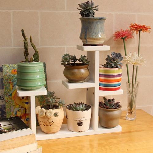  Exttlliy Wooden DIY Mini Tabletop Plant Stand Multi-layer Concise Desktop Planter Holder for Home Office Decorative (White)