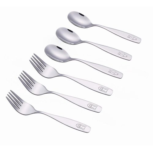  [아마존베스트]Exzact Kids Silverware 6 Pieces Childrens Safe Flatware Set Stainless Steel - 3 x Children Forks, 3 x Children...