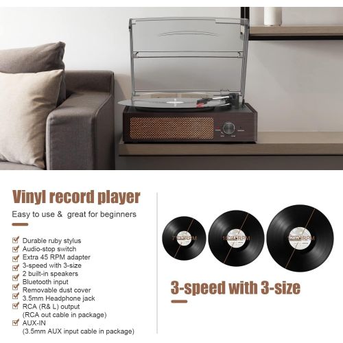  Eyesen Bluetooth Turntable Vinyl Record Player with Built-in Speakers Vintage 3 Speed LP Player with RCA Line Out AUX in Headphone Jack