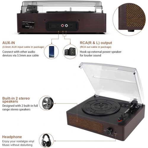  Eyesen Bluetooth Turntable Vinyl Record Player with Built-in Speakers Vintage 3 Speed LP Player with RCA Line Out AUX in Headphone Jack