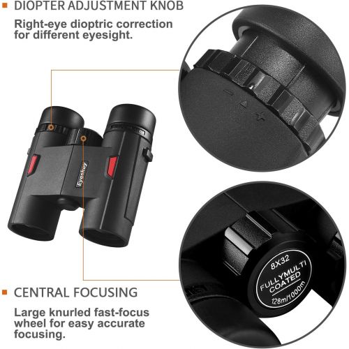  Eyeskey Wayfarer 8x32 Compact Binoculars for Adults and Kids with Phone Adapter, Specially Designed for Travel, Great Gift Black