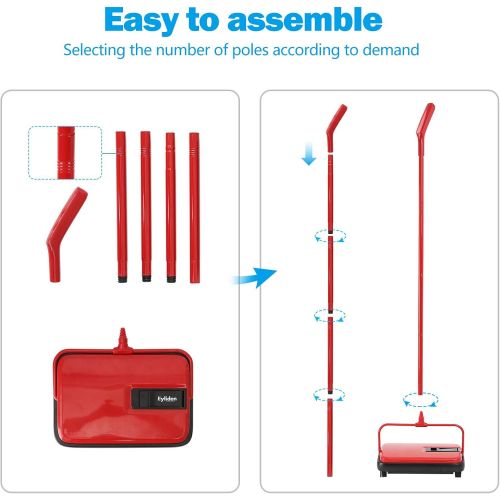  [아마존베스트]Eyliden Carpet Sweeper, Hand Push Carpet Sweepers, Non-Electric Easy Manual Sweeping, Automatic Compact Broom with 4 Corner Edge Brush for Carpeted Cleaning (Red)