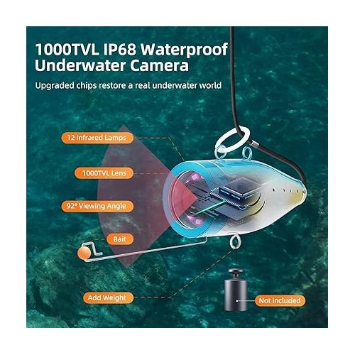  Eyoyo Underwater Fishing Camera 7 inch LCD Monitor Fish Finder Waterproof 1000TVL Fishing Camera 12pcs Infrared Lights for Lake, Boat, Ice Fishing