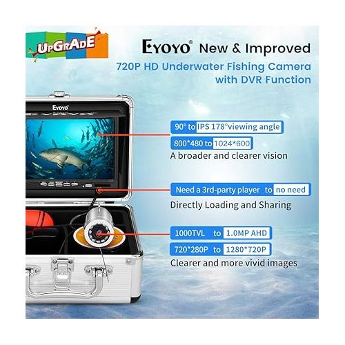  Eyoyo Underwater Fishing Camera, Ice Fishing Camera Portable Video Fish Finder, Upgraded 720P Camera w/ 12 IR Lights, 1024x600 Screen, for Sea, Lake, Boat, Ice Fishing