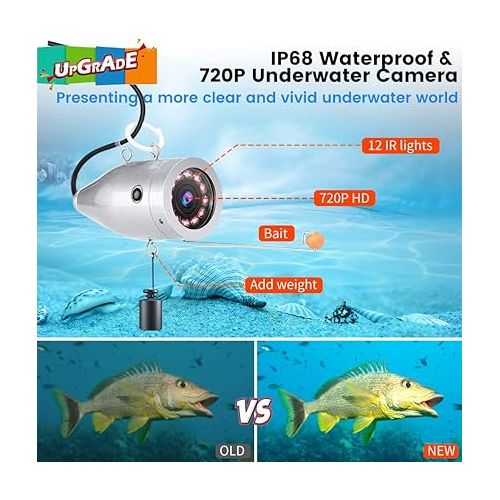  Eyoyo Underwater Fishing Camera, Ice Fishing Camera Portable Video Fish Finder, Upgraded 720P Camera w/ 12 IR Lights, 1024x600 Screen, for Sea, Lake, Boat, Ice Fishing