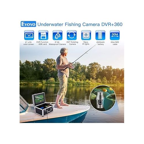  Eyoyo Underwater Fishing Camera Video Fish Finder DVR Function 9 inch Large Color Screen 360° Horizontal Panning Camera 1000TVL w/ 18 Infrared IR Lights 30M Cable for Lake Sea Boat Ice Fishing