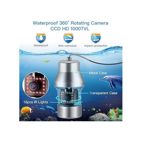  Eyoyo Underwater Fishing Camera Video Fish Finder DVR Function 9 inch Large Color Screen 360° Horizontal Panning Camera 1000TVL w/ 18 Infrared IR Lights 30M Cable for Lake Sea Boat Ice Fishing