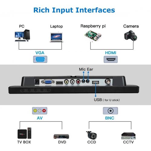  Eyoyo 12 Inch TFT LCD Monitor with AV HDMI BNC VGA Input 1366x768 Portable Mini HD Color Screen Display with Built-in Speaker
