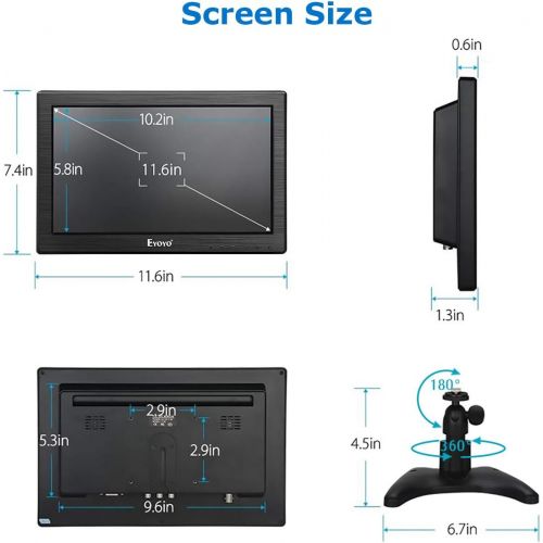  Eyoyo 12 Inch TFT LCD Monitor with AV HDMI BNC VGA Input 1366x768 Portable Mini HD Color Screen Display with Built-in Speaker