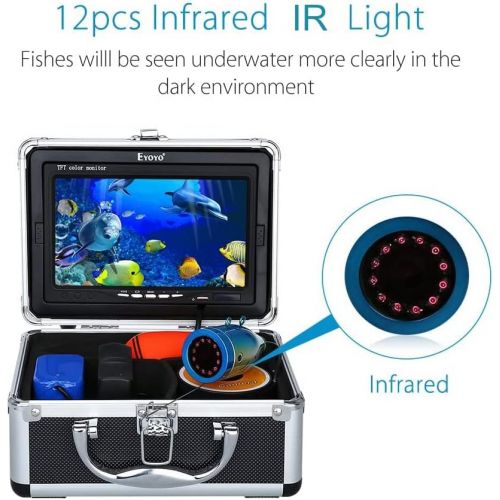  Eyoyo Portable 7 inch LCD Monitor Fish Finder Waterproof Underwater 1000TVL Fishing Camera 15m Cable 12pcs Infrared Lights for Ice,Lake and Boat Fishing