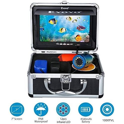 Eyoyo Portable 7 inch LCD Monitor Fish Finder Waterproof Underwater 1000TVL Fishing Camera 15m Cable 12pcs Infrared Lights for Ice,Lake and Boat Fishing