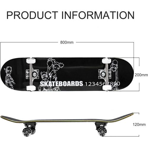 F&FSH Beginner Skateboard, (Classic Black Pattern) 31-inch Seven-Layer Maple Four-Wheel Professional Skateboard Suitable for Young Adults