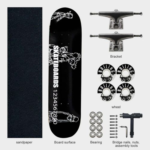  F&FSH Beginner Skateboard, (Classic Black Pattern) 31-inch Seven-Layer Maple Four-Wheel Professional Skateboard Suitable for Young Adults