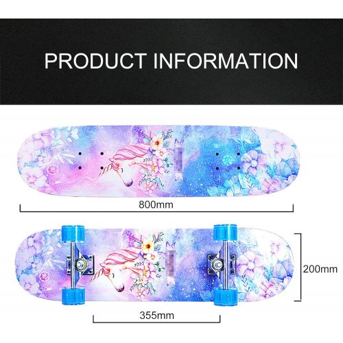  F&FSH Adult Skateboard, (Blue Pink Summer Pattern) Professional Four-Wheeled 31-inch A-Class Maple Double-Climbing Road Skateboard Suitable for Young Adults