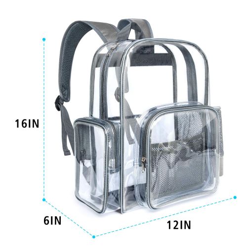  F-color Clear Backpack, Packasso Heavy Duty Large Sturdy Waterproof Oxford Fabric Bottom Roomy Clear Bag for Adults, Boys, Girls, Security, Stadium, School, Work, Travel and More, Grey Str