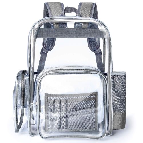  F-color Clear Backpack, Packasso Heavy Duty Large Sturdy Waterproof Oxford Fabric Bottom Roomy Clear Bag for Adults, Boys, Girls, Security, Stadium, School, Work, Travel and More, Grey Str