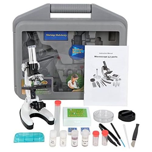  [아마존베스트]F2C 52-Piece Biology Kids Microscope Student Beginners Science Educational Toy Microscope Kits White Metal Frame W/ LED Light Magnifications 100x, 600x, and 1200x