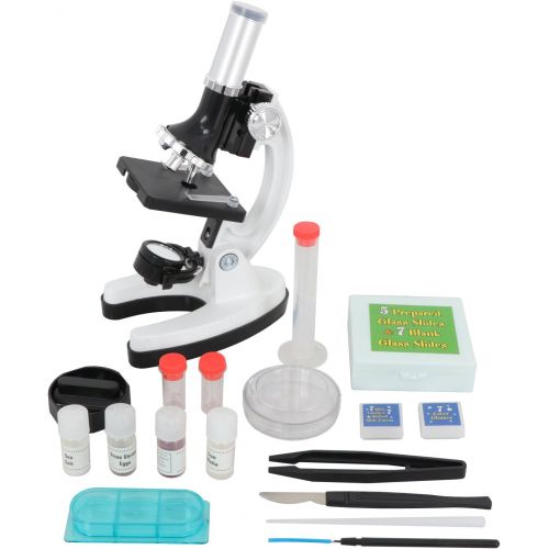  [아마존베스트]F2C 52-Piece Biology Kids Microscope Student Beginners Science Educational Toy Microscope Kits White Metal Frame W/ LED Light Magnifications 100x, 600x, and 1200x