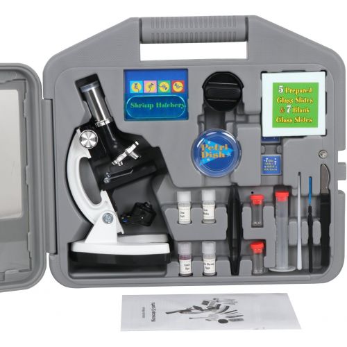  [아마존베스트]F2C 52-Piece Biology Kids Microscope Student Beginners Science Educational Toy Microscope Kits White Metal Frame W/ LED Light Magnifications 100x, 600x, and 1200x