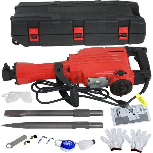  F2C 2200W Heavy Duty Electric Demolition Jack Hammer Concrete Breaker Power Tool Kit 2 Chisel 2 Punch Bit Set W/Case, Gloves