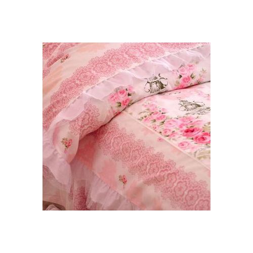  FADFAY,Romantic Flower Print Bedding Set,Floral Bed Set,Princess Lace Ruffle Duvet Cover King Queen Twin,4Pcs (TWIN)